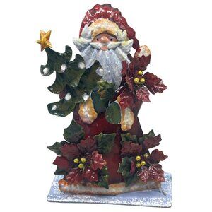 Christmas Santa figurine tin layered poinsettia red green floral tree 8" READ